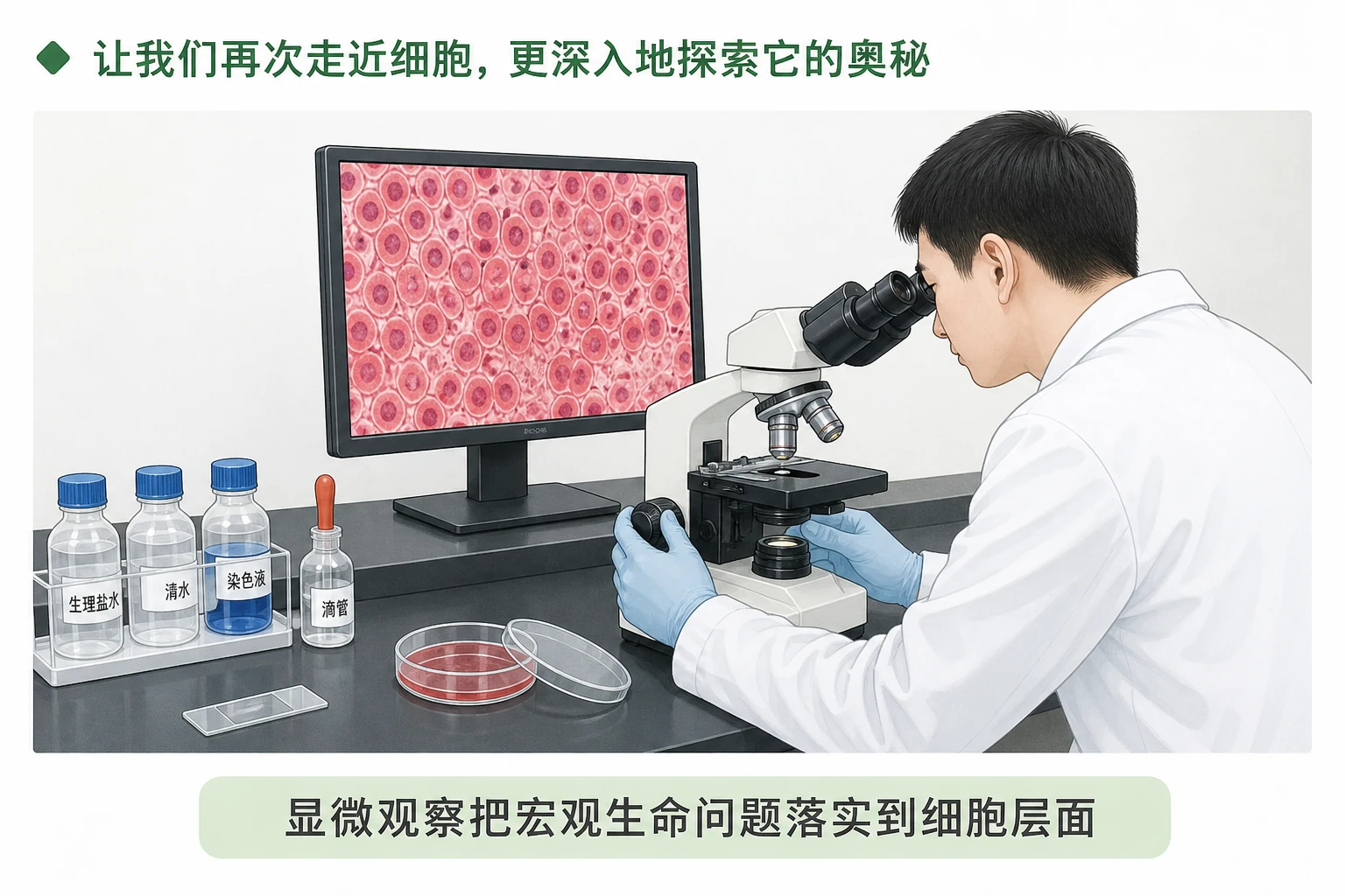 图02：“研究人员使用显微镜观察细胞”