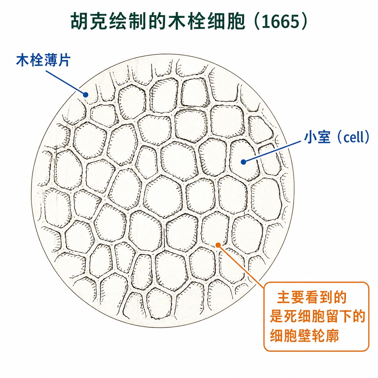 图08：教材科学史源图重绘②——“胡克绘制的木栓细胞”
