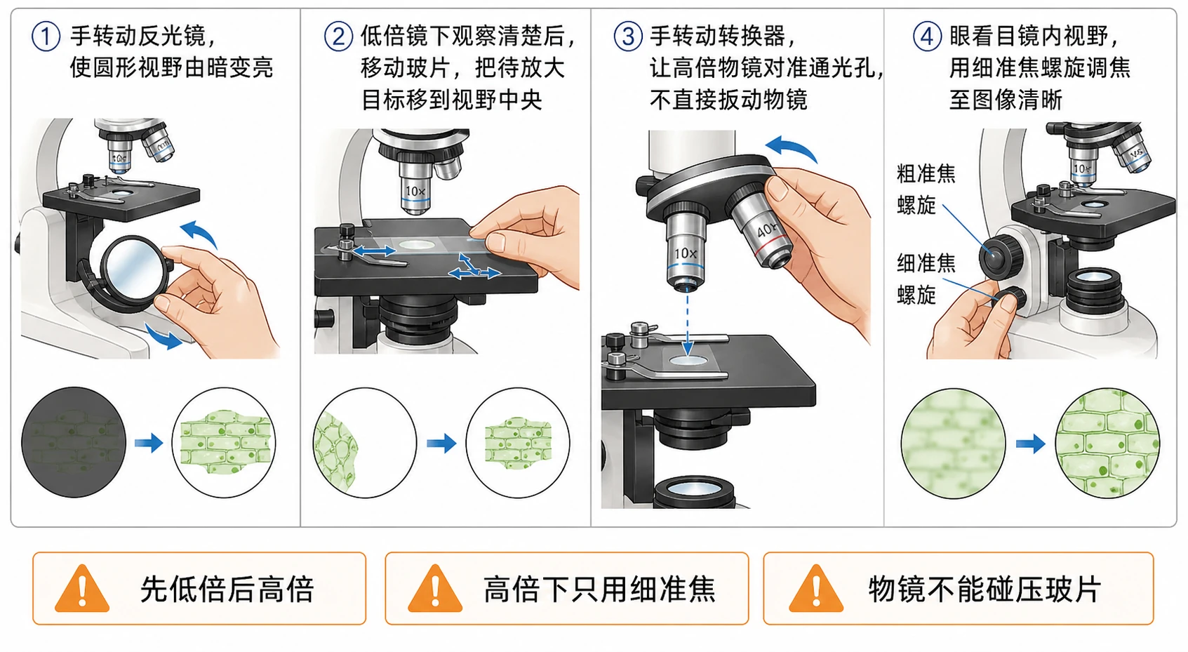 图06:教材高倍显微镜操作源图组重绘——步骤①至④
