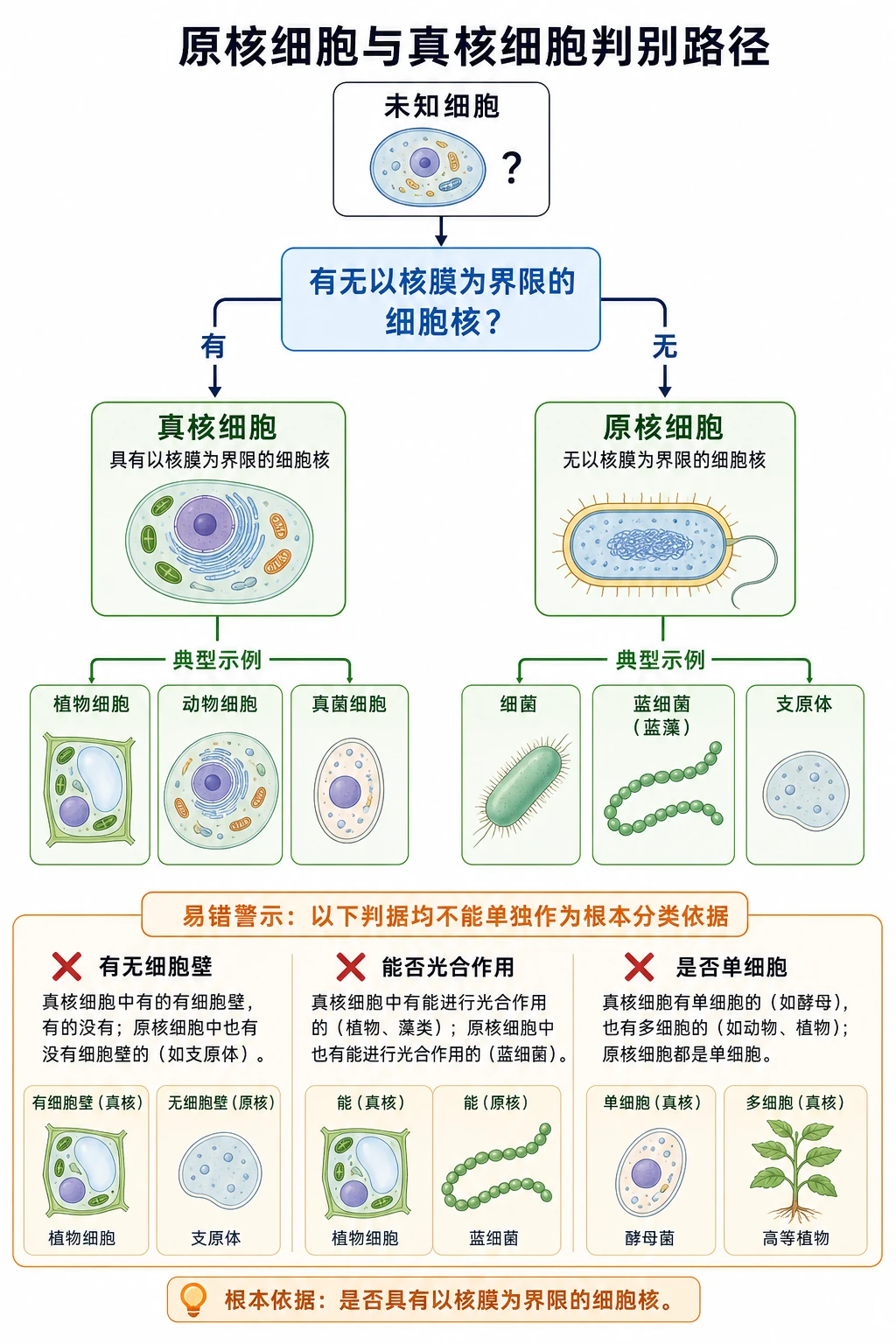 图07:补充知识图(非教材原图)——“原核细胞与真核细胞判别路径