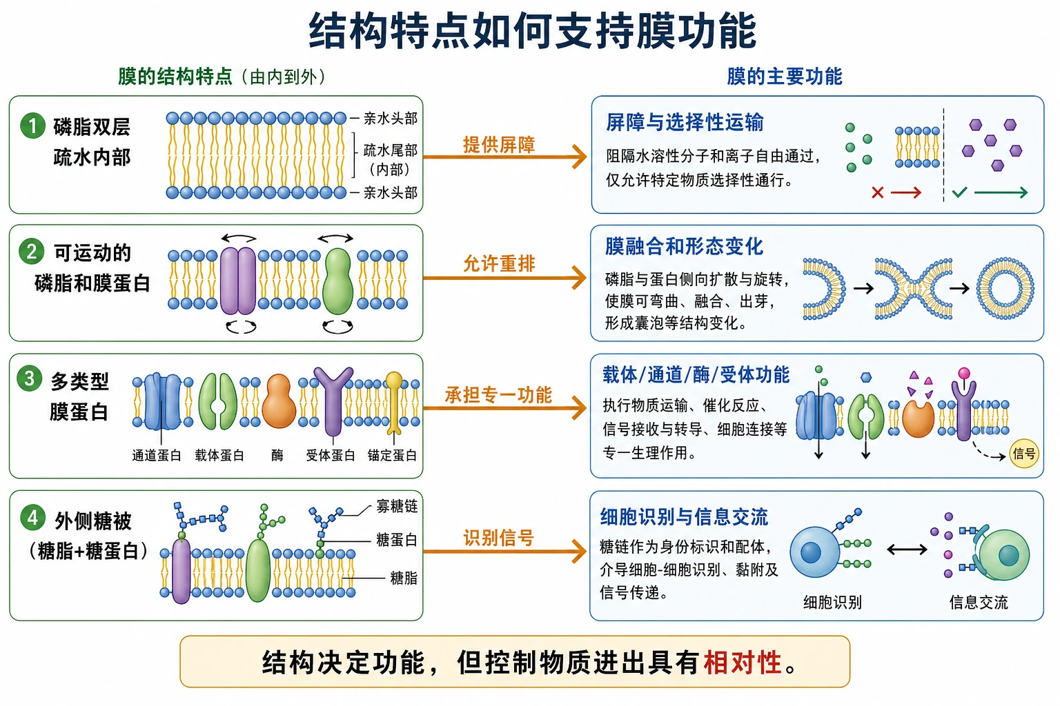图07：补充知识图（非教材原图）——“结构特点如何支持膜功能”