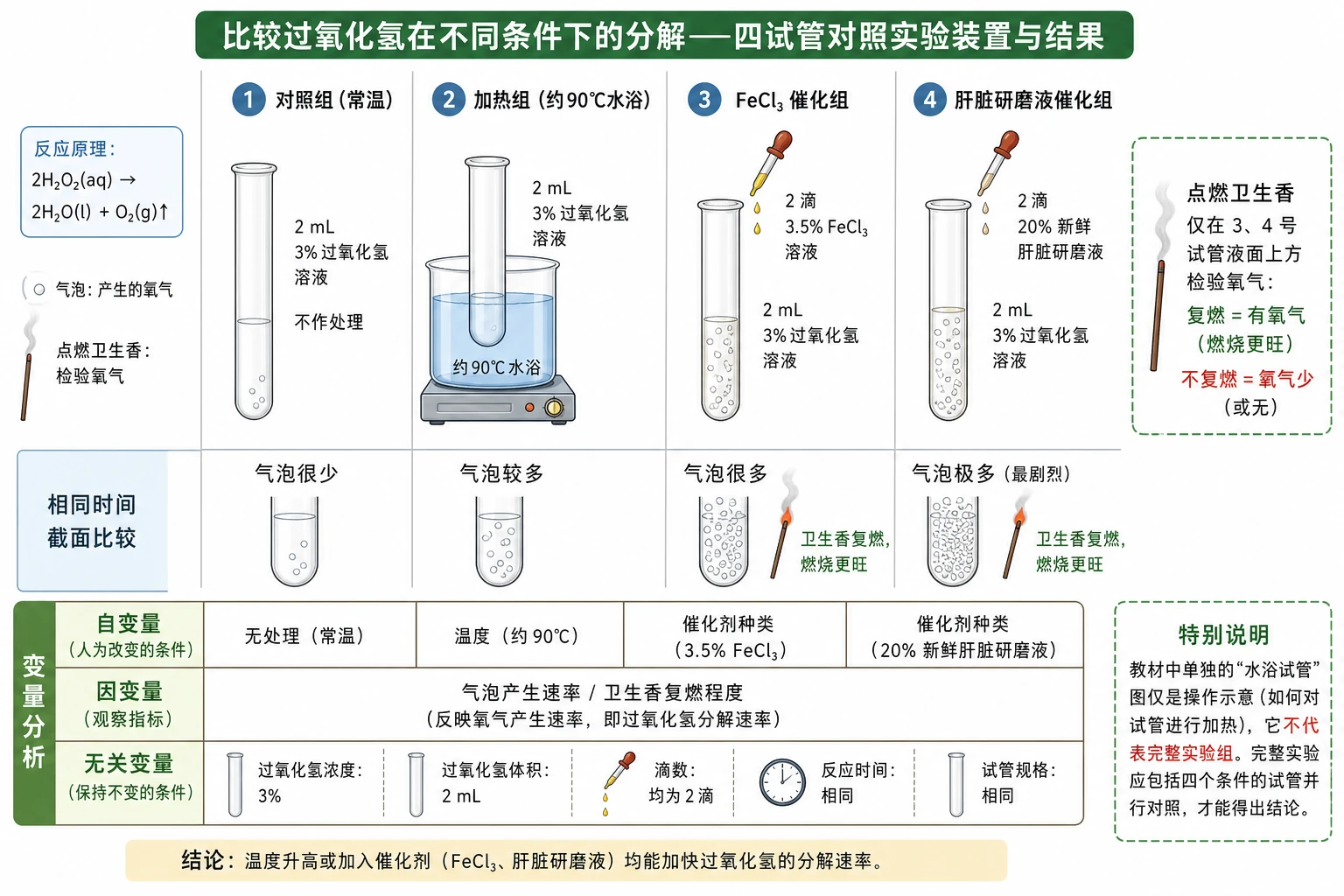 图07：教材“比较过氧化氢在不同条件下的分解”源图重绘——“四试
