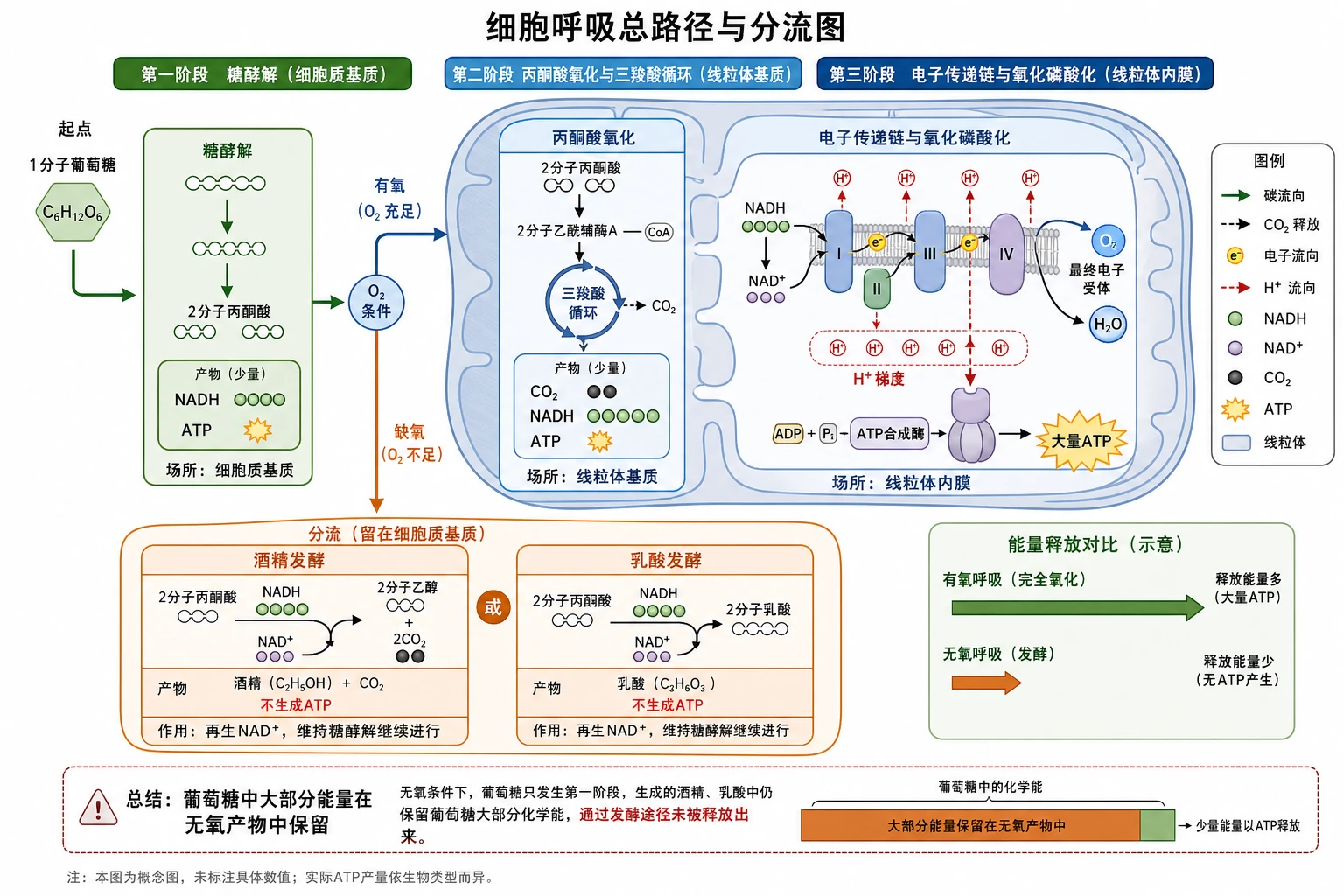 图01：补充知识图（非教材原图）——“细胞呼吸总路径与分流图”