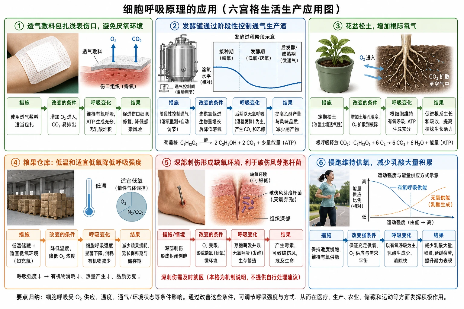 图09：教材“细胞呼吸原理的应用”源图组重绘——“六宫格生活生产